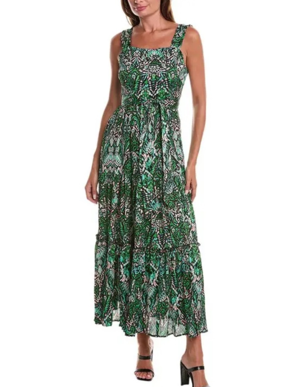 Gracia Size L Smoked Tiered Midi Dress Abstract Vibrant Print Green Blue Boho